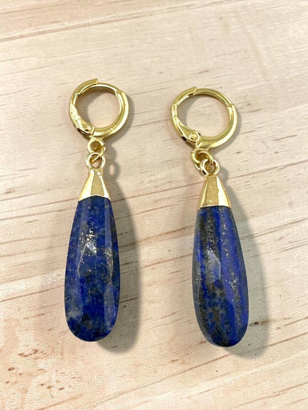 Lapis Lazuli Earrings 18K Gold Filled Hoops Faceted Blue Gemstone Drops - Picture 3 of 10